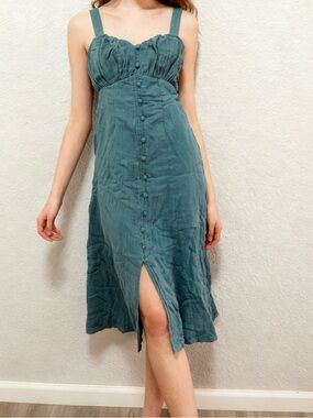 Sleeveless Teal Midi Dress with Front Buttons and Slit